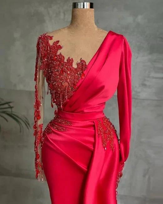 Red Long Prom Dresses | Evening dresses with sleeves by misshow.com