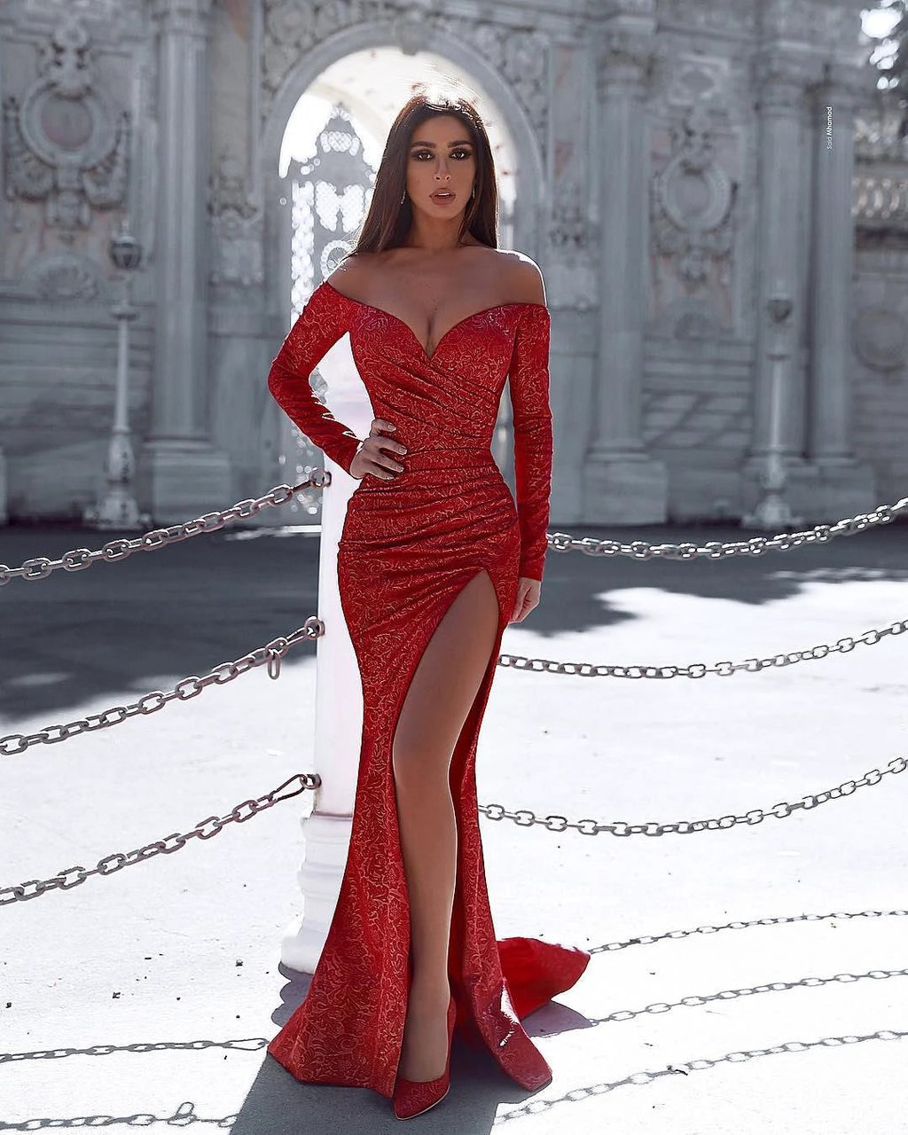 Red Long Sleeves Off-the-shoulder Mermaid Prom Dress With Slit by BIZTUNNEL