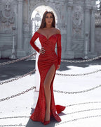 Red Long Sleeves Off-the-shoulder Mermaid Prom Dress With Slit by BIZTUNNEL