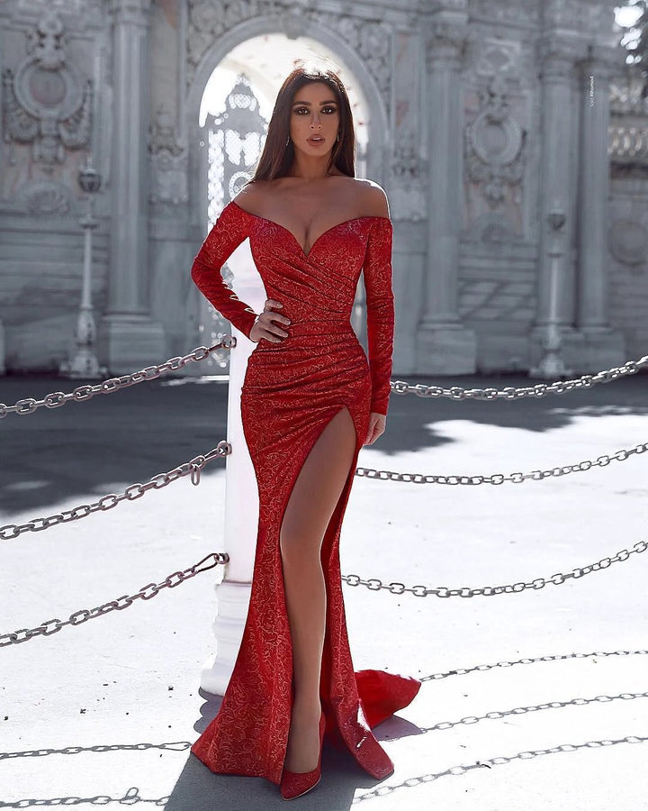 Red Long Sleeves Off-the-shoulder Mermaid Prom Dress With Slit by BIZTUNNEL