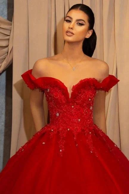 Red Off-the-shoulder Sleeveless Ball Gown Chiffon Floor-Length Prom Dresses with Lace by misshow.com