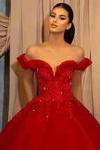 Red Off-the-shoulder Sleeveless Ball Gown Chiffon Floor-Length Prom Dresses with Lace by misshow.com