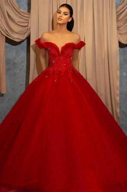 Red Off-the-shoulder Sleeveless Ball Gown Chiffon Floor-Length Prom Dresses with Lace by misshow.com