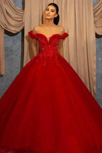 Red Off-the-shoulder Sleeveless Ball Gown Chiffon Floor-Length Prom Dresses with Lace by misshow.com