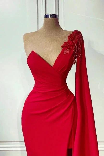 Red One-shoulder Sleeveless Mermaid Satin Floor-Length Prom Dresses with Ruffles by misshow.com