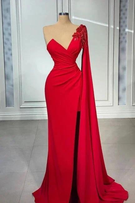 Red One-shoulder Sleeveless Mermaid Satin Floor-Length Prom Dresses with Ruffles by misshow.com