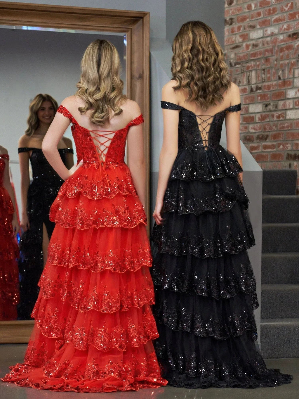 Red Princess A Line Off the Shoulder Corset Prom Dress with Lace Ruffles by KissProm