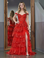 Red Princess A Line Off the Shoulder Corset Prom Dress with Lace Ruffles by KissProm