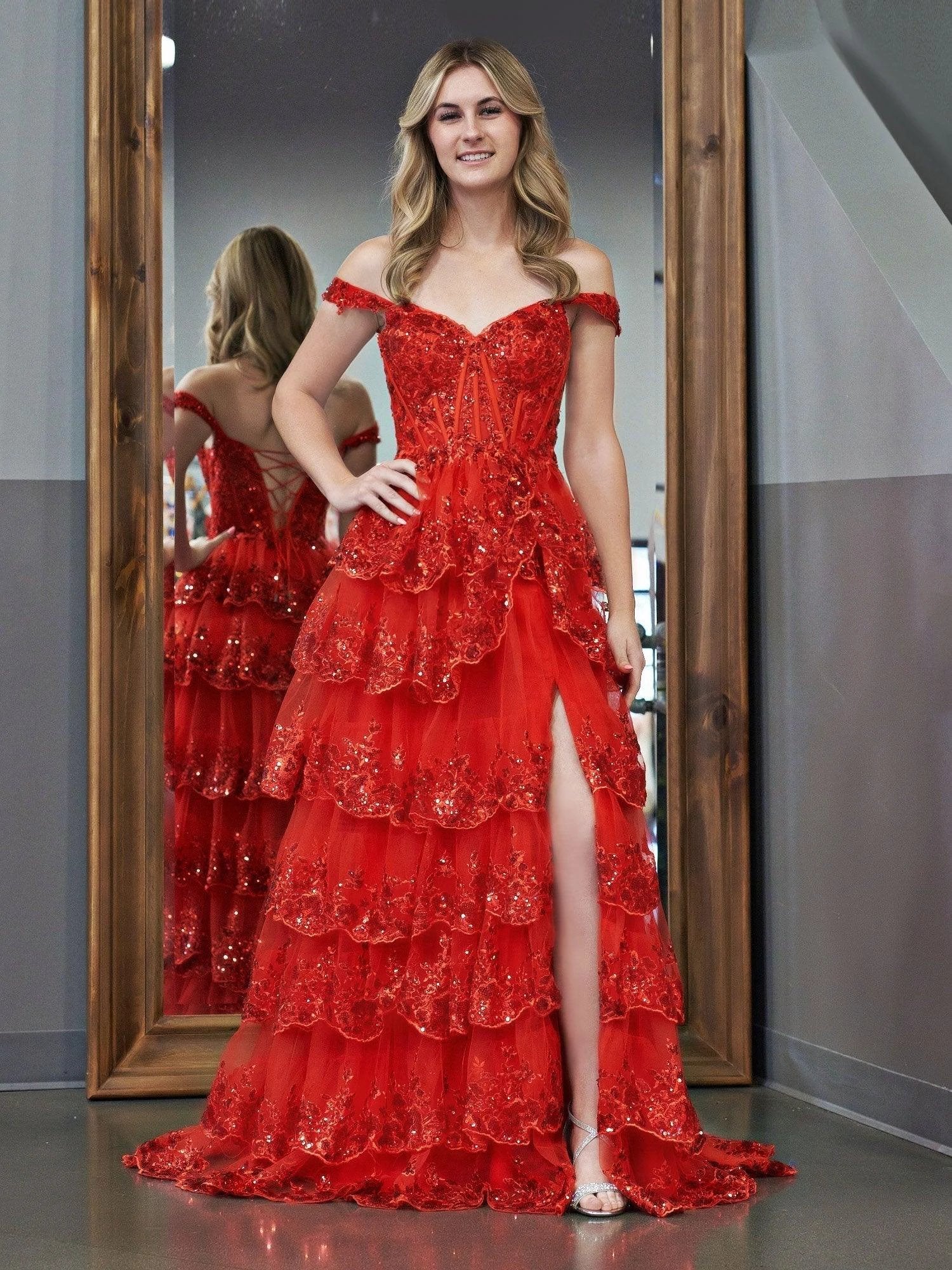 Red Princess A Line Off the Shoulder Corset Prom Dress with Lace Ruffles by KissProm