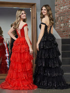 Red Princess A Line Off the Shoulder Corset Prom Dress with Lace Ruffles by KissProm