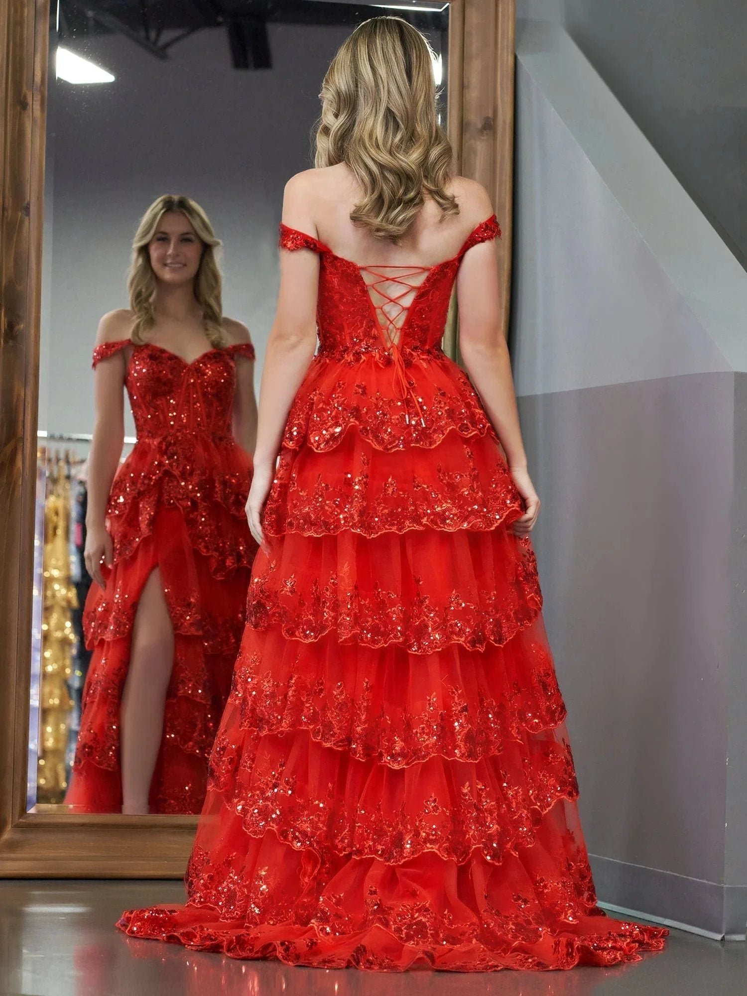 Red Princess A Line Off the Shoulder Corset Prom Dress with Lace Ruffles by KissProm