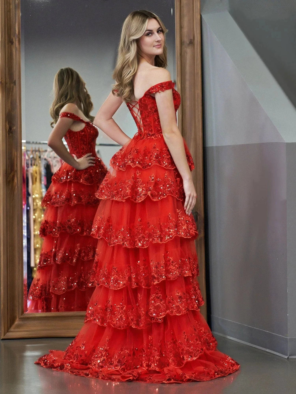 Red Princess A Line Off the Shoulder Corset Prom Dress with Lace Ruffles by KissProm