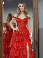 Red Princess A Line Off the Shoulder Corset Prom Dress with Lace Ruffles by KissProm