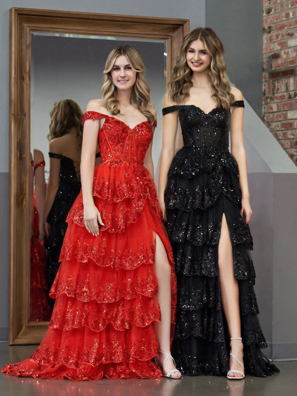Red Princess A Line Off the Shoulder Corset Prom Dress with Lace Ruffles by KissProm