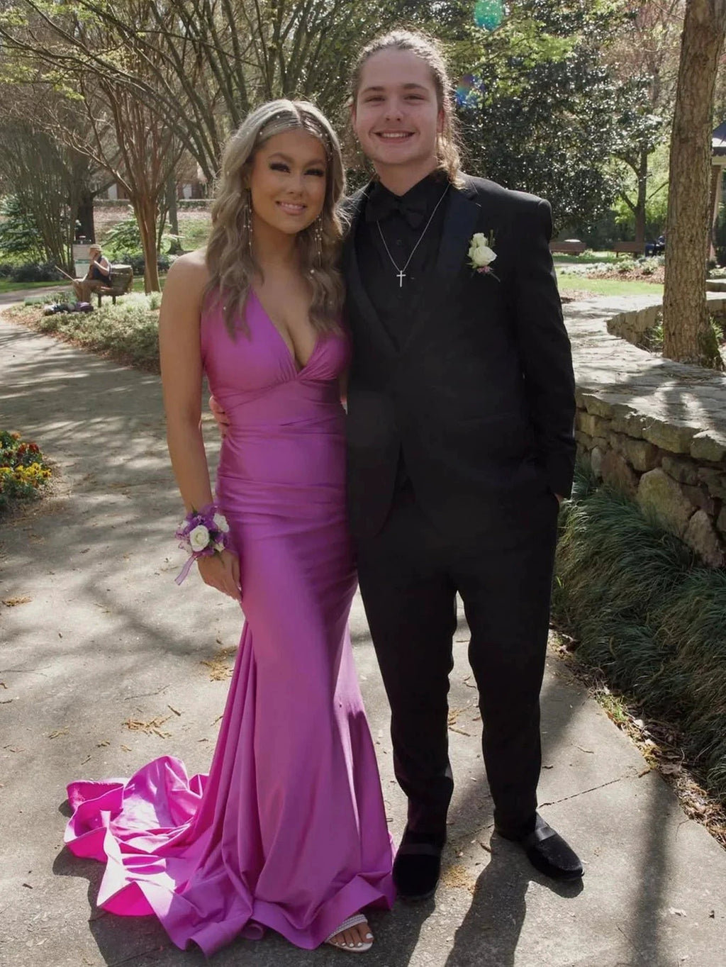 Red Satin Mermaid Tight V Neck Long Prom Dress With Bow Tie by KissProm