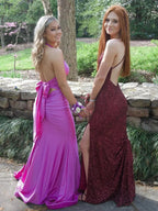 Red Satin Mermaid Tight V Neck Long Prom Dress With Bow Tie by KissProm