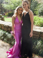 Red Satin Mermaid Tight V Neck Long Prom Dress With Bow Tie by KissProm