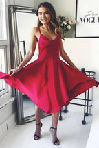 Red Satin Spaghetti Straps Crossed Back Knee Length Homecoming Dress PD307 by pgmdress