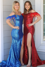Red Sequins Cold Shoulder Feathers Long Prom Dress with Slit by KissProm