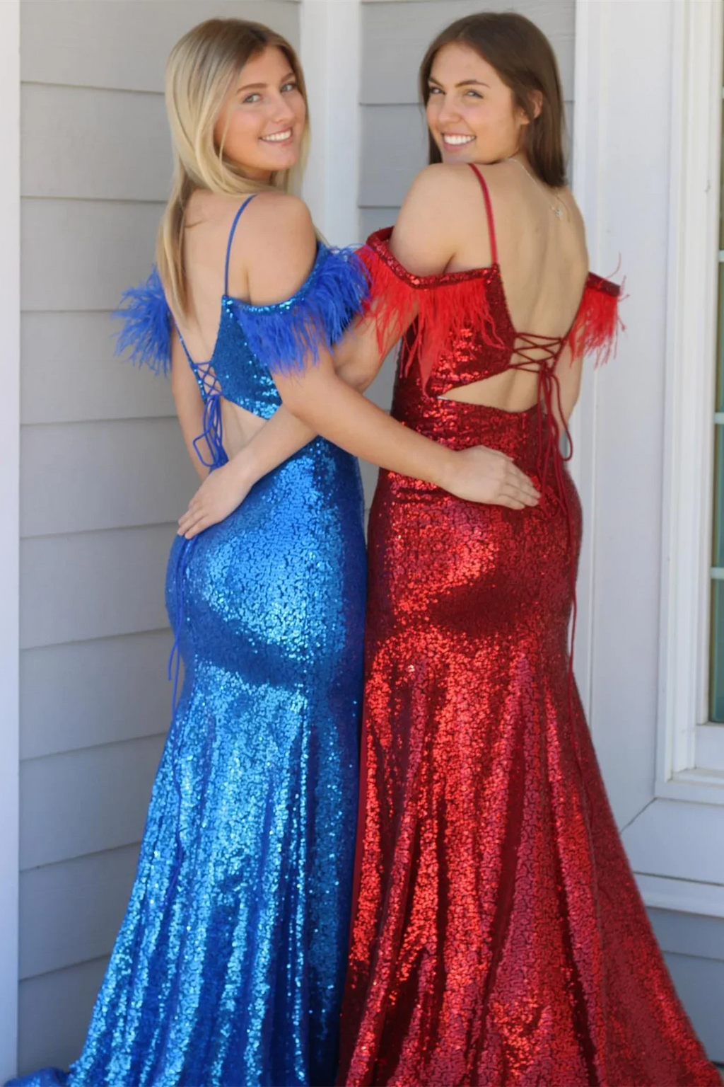 Red Sequins Cold Shoulder Feathers Long Prom Dress with Slit by KissProm