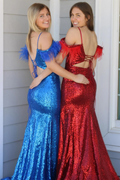 Red Sequins Cold Shoulder Feathers Long Prom Dress with Slit by KissProm