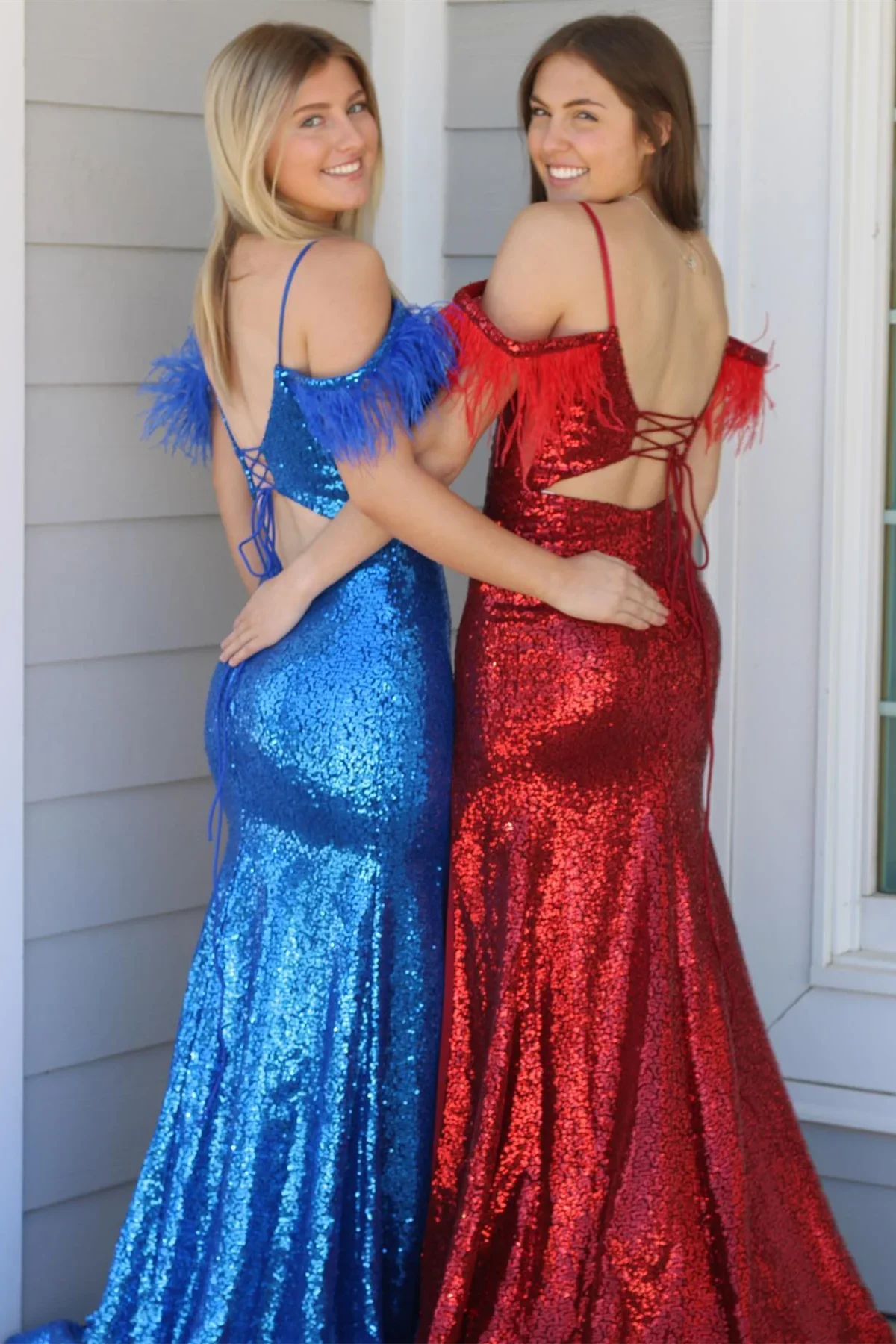 Red Sequins Cold Shoulder Feathers Long Prom Dress with Slit by KissProm