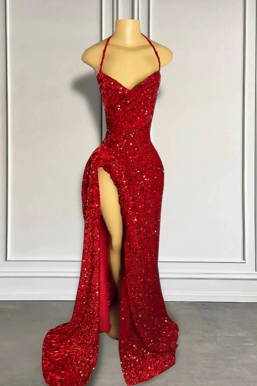 Red Sequins Prom Dress with Slit Shiny Floor-Length Party Dress by misshow.com