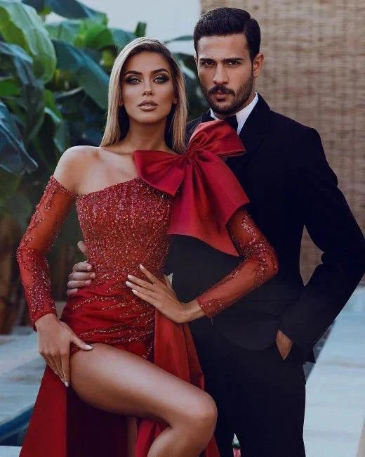 Red Sexy Long Glitter Prom Dresses With Sleeves by misshow.com