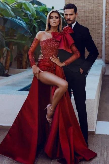 Red Sexy Long Glitter Prom Dresses With Sleeves by misshow.com