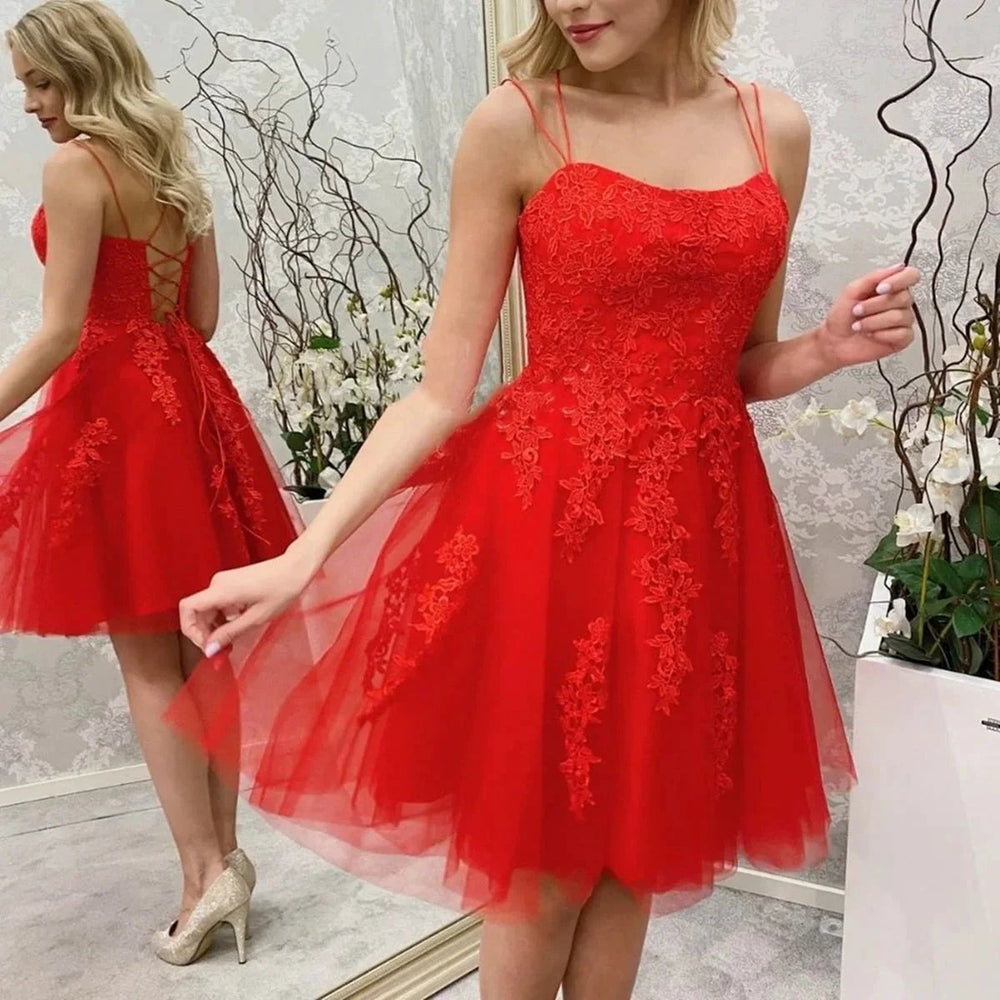 Red Short A-line Strapless Tulle Lace Backless Prom Homecoming Dresses by BIZTUNNEL