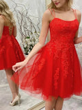 Red Short A-line Strapless Tulle Lace Backless Prom Homecoming Dresses by BIZTUNNEL