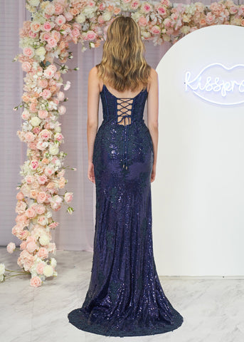 Kairi | Meerjungfrau-Ballkleid mit Spaghettiträgern und Applikationen und Schlitz