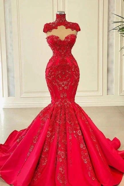 Red Sweetheart Sleeveless Mermaid Satin Floor-Length Prom Dresses with Beading by misshow.com