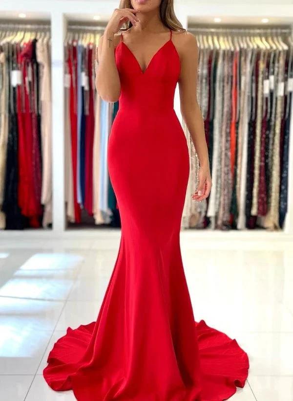 Long Mermaid V-neck Backless Red Prom Dresses by Biztunnel