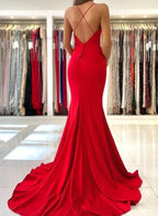 Long Mermaid V-neck Backless Red Prom Dresses by Biztunnel