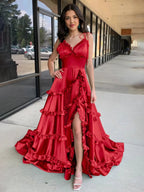 A-Line Green V-Neck Backless Ruffle Prom Dresses with Slit by KissProm