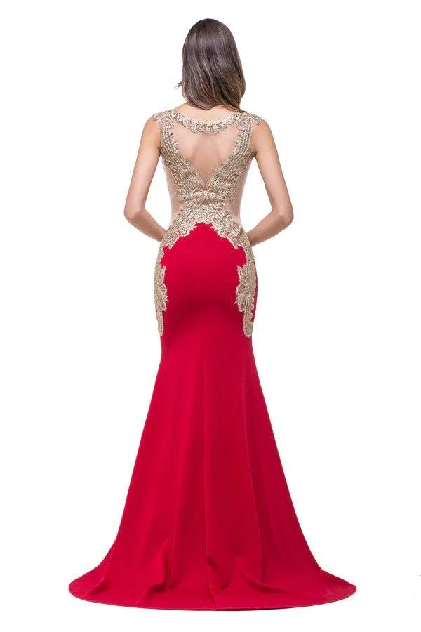 Red V-Neck Mermaid Sweep-length Appliques Formal Dresses by misshow.com
