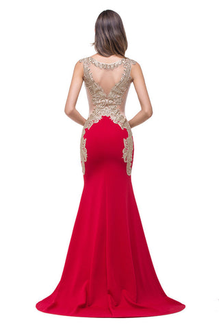 Vestidos formales de sirena con escote en V rojo y largo hasta el suelo con apliques