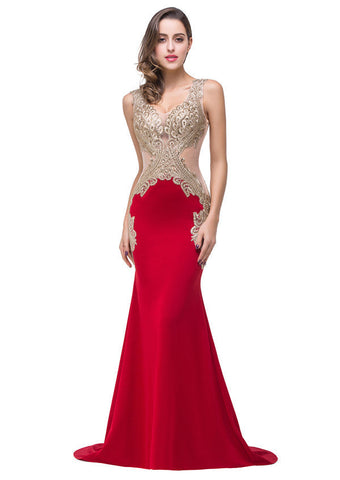 Vestidos formales de sirena con escote en V rojo y largo hasta el suelo con apliques