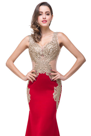 Vestidos formales de sirena con escote en V rojo y largo hasta el suelo con apliques