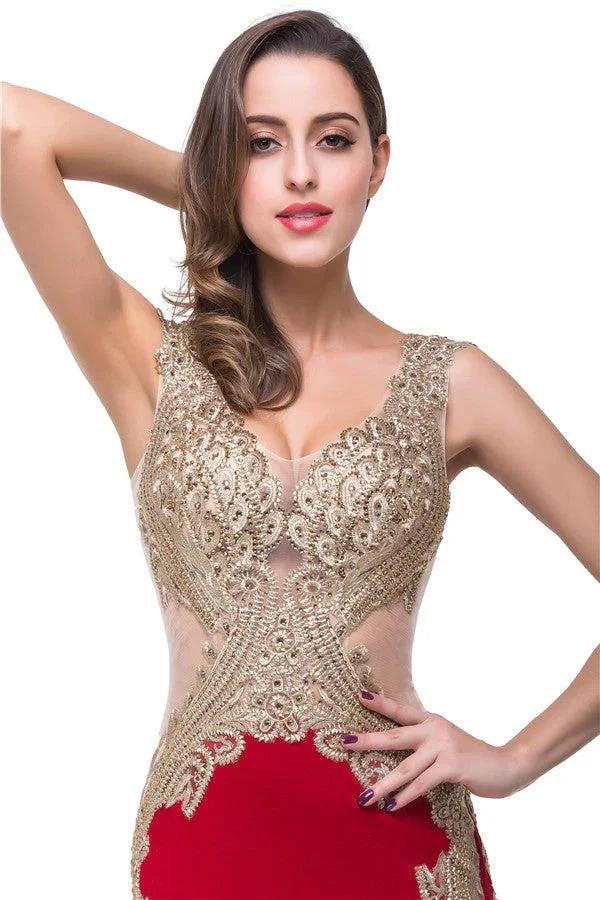 Red V-Neck Mermaid Sweep-length Appliques Formal Dresses by misshow.com
