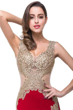 Red V-Neck Mermaid Sweep-length Appliques Formal Dresses by misshow.com