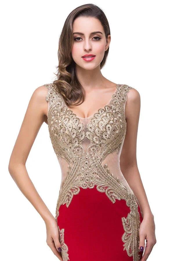 Red V-Neck Mermaid Sweep-length Appliques Formal Dresses by misshow.com