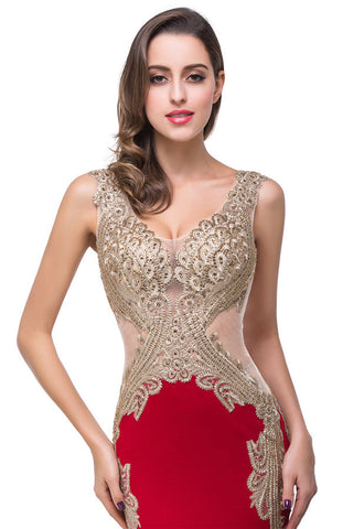 Vestidos formales de sirena con escote en V rojo y largo hasta el suelo con apliques