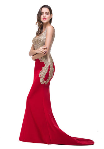 Vestidos formales de sirena con escote en V rojo y largo hasta el suelo con apliques