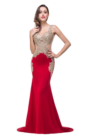 Vestidos formales de sirena con escote en V rojo y largo hasta el suelo con apliques