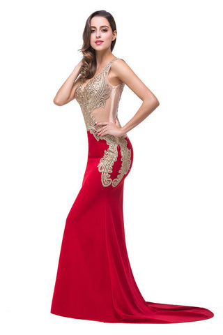 Vestidos formales de sirena con escote en V rojo y largo hasta el suelo con apliques