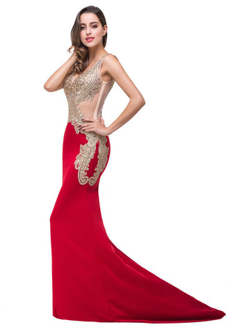 Vestidos formales de sirena con escote en V rojo y largo hasta el suelo con apliques