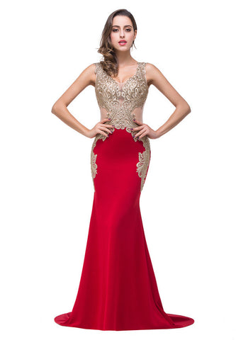 Vestidos formales de sirena con escote en V rojo y largo hasta el suelo con apliques