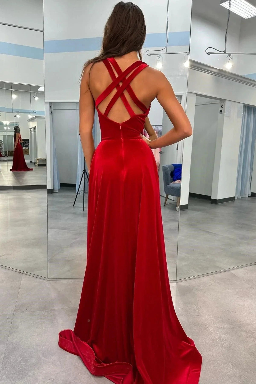 Rylan| Red Velvet Plunge V Cross Back A-Line Long Formal Dress by KissProm